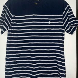 Boys L Polo Ralph Lauren short sleeved Navy blue/white stripped shirt